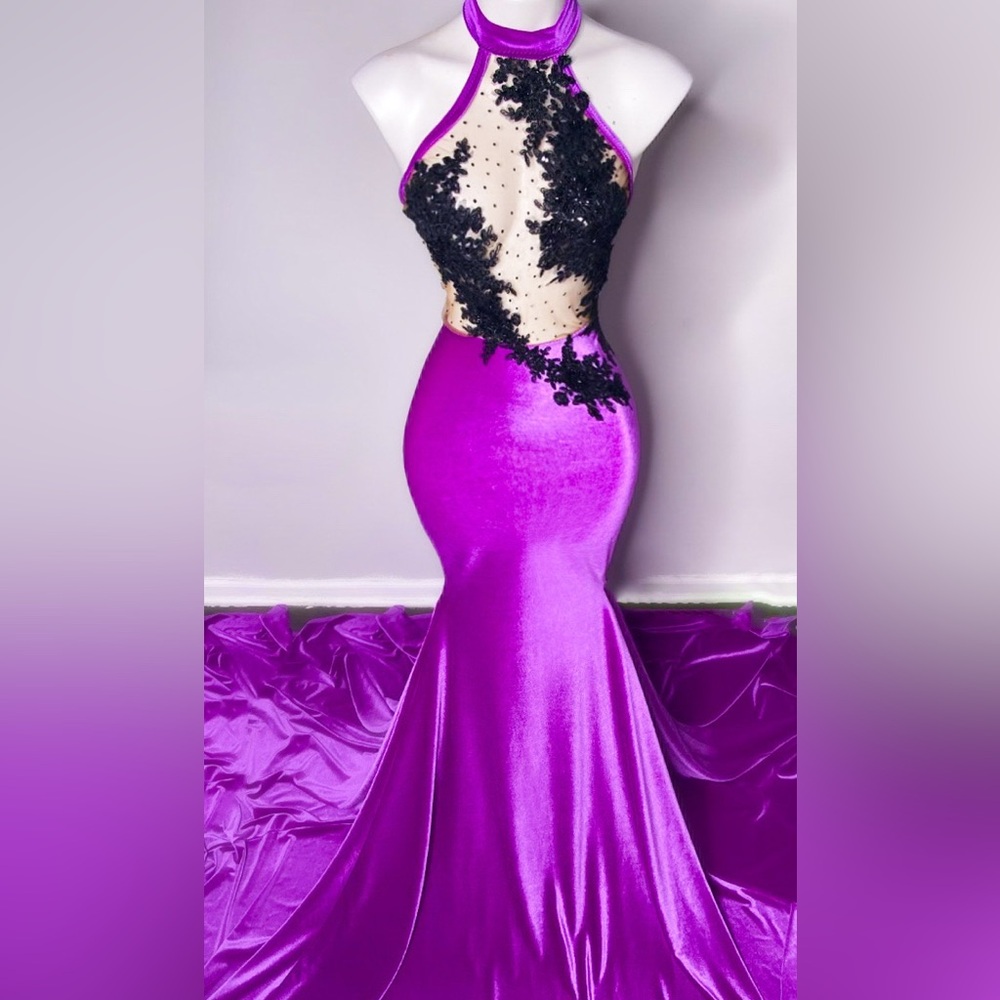 Vibrant Purple Halter Prom Dress with Black Lace